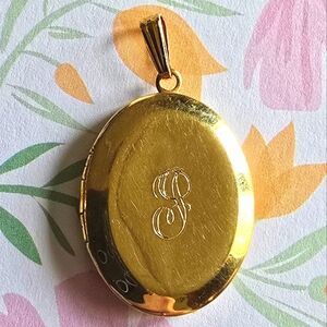 Vintage locket engraved with letter J gold tone with original photos pendant